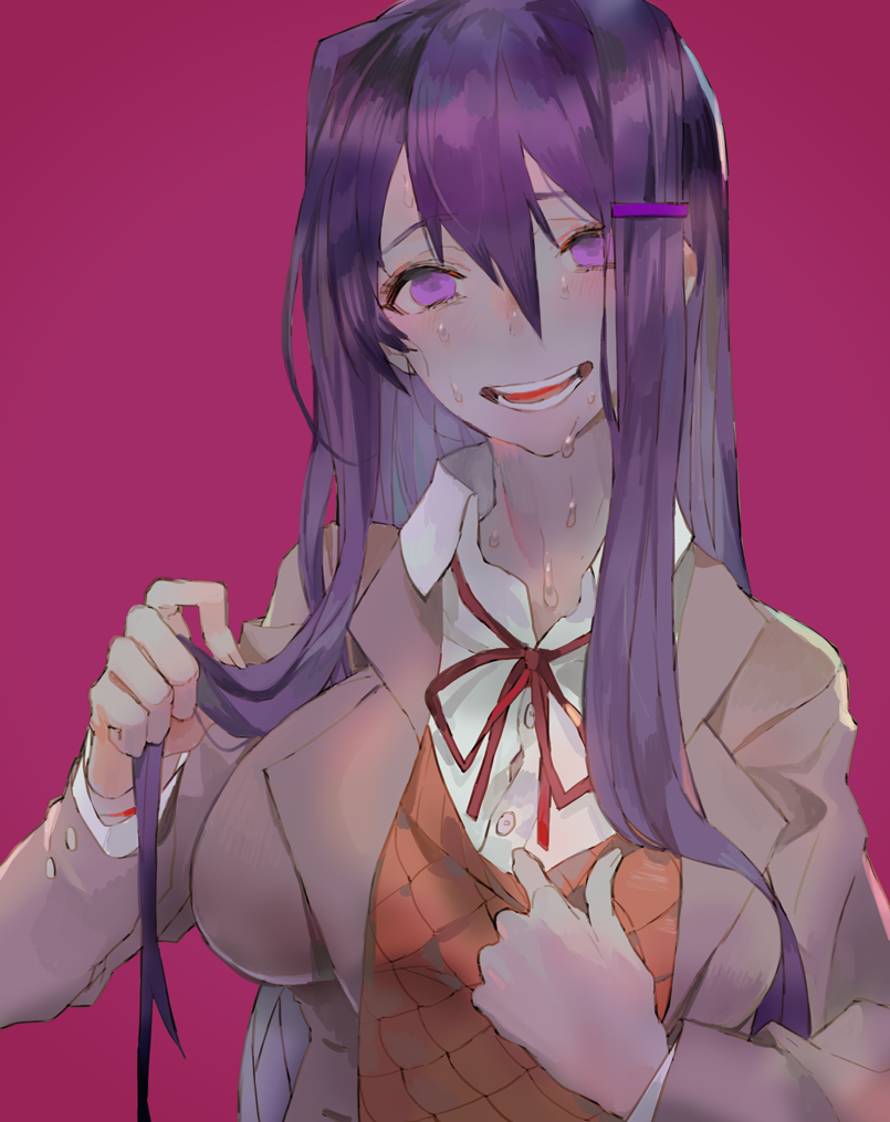 1girl, :d, bangs, blush, breasts, collared_shirt, crazy_smile, doki_doki_literature_club, dress_shirt, eyebrows_visible_through_hair, fingernails, grey_jacket, hair_between_eyes, hair_intakes, hair_ornament, hairclip, head_tilt, jacket, kibadori_rue, large_breasts, long_sleeves, looking_at_viewer, neck_ribbon, open_mouth, orange_vest, pulled_by_self, purple_background, purple_hair, red_neckwear, red_ribbon, ribbon, school_uniform, shirt, simple_background, smile, solo, sweat, sweating, sweating_profusely, upper_body, vest, vest_pull, violet_eyes, white_shirt, wing_collar, yuri_(doki_doki_literature_club)