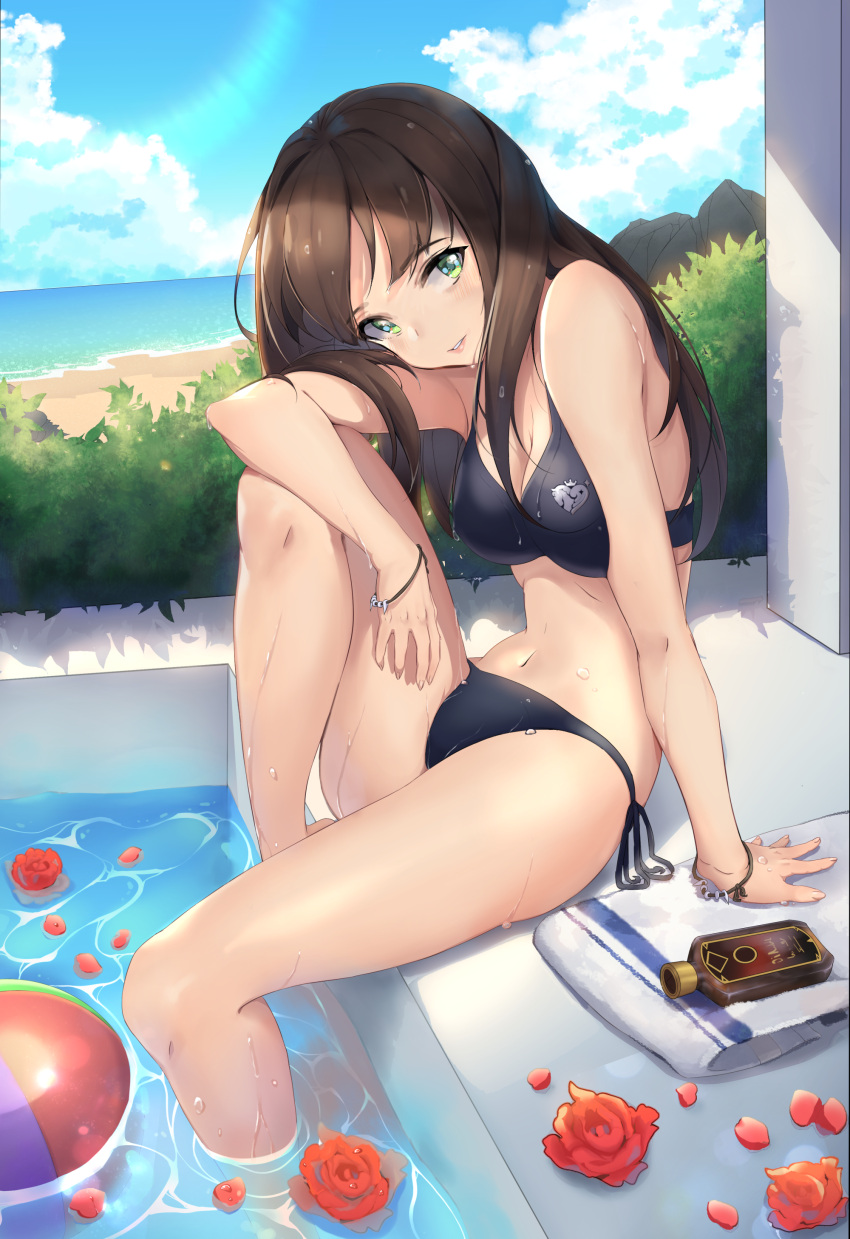 1girl, absurdres, ball, bell_(akzkfhd45), bikini, bottle, brown_hair, clouds