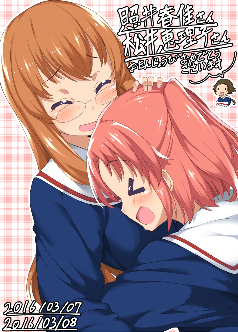 >_<, 3girls, :d, bangs, batsu, blue_shirt, blush, brown_hair