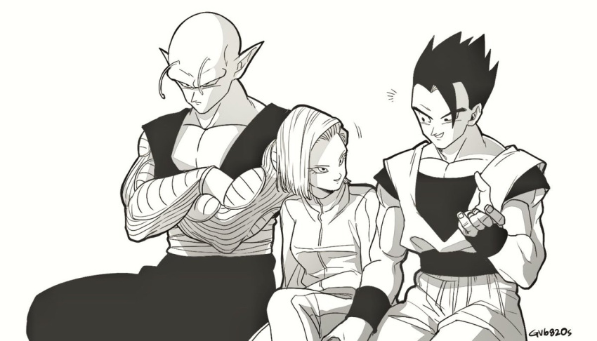 +++, 1girl, 2boys, android_18, artist_name, bare_chest, black_eyes, black_hair