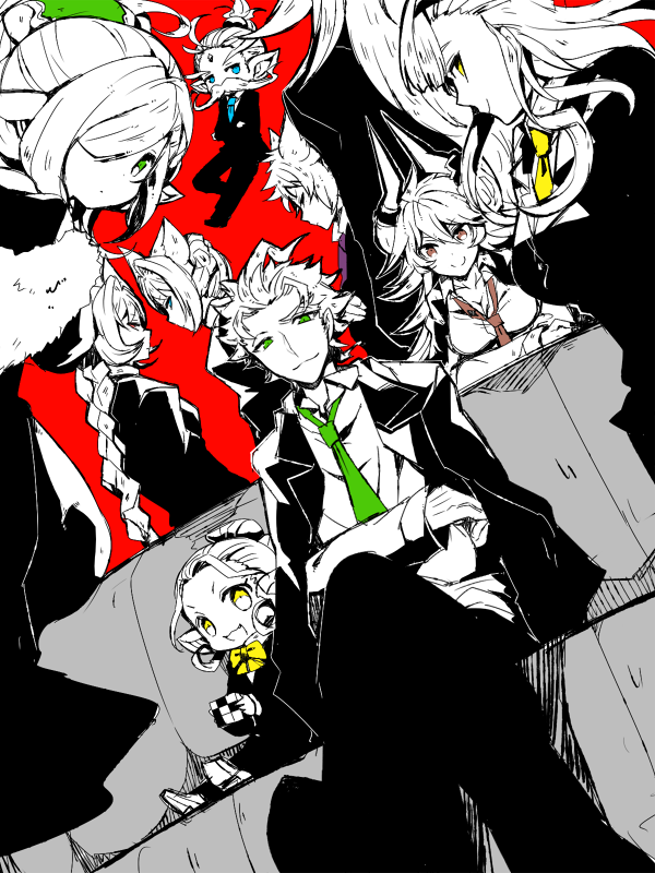 5boys, 5girls, animal_ears, blue_eyes, bow, breasts, brown_eyes, cleavage