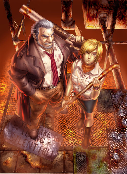 1boy, 1girl, blonde_hair, breasts, douglas_cartland, heather_mason, jacket, miniskirt, njay, short_hair, silent_hill, silent_hill_3, skirt, sleeveless, sleeveless_turtleneck, smile, turtleneck, vest, watch, wristband