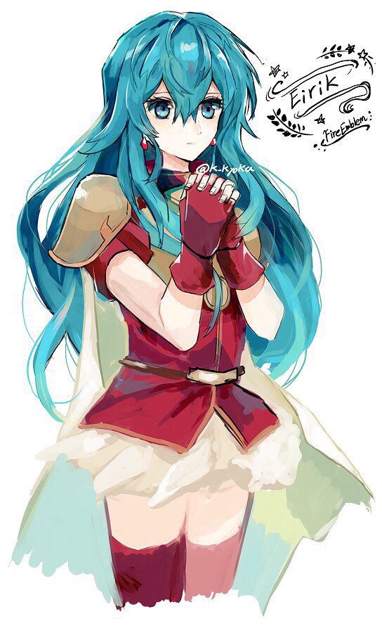 1girl, aqua_hair, armor, blue_eyes, blue_hair, cape, eirika, fire_emblem, fire_emblem:_seima_no_kouseki, gloves, kyouka_(exclamationmark), long_hair, smile, solo, thigh-highs