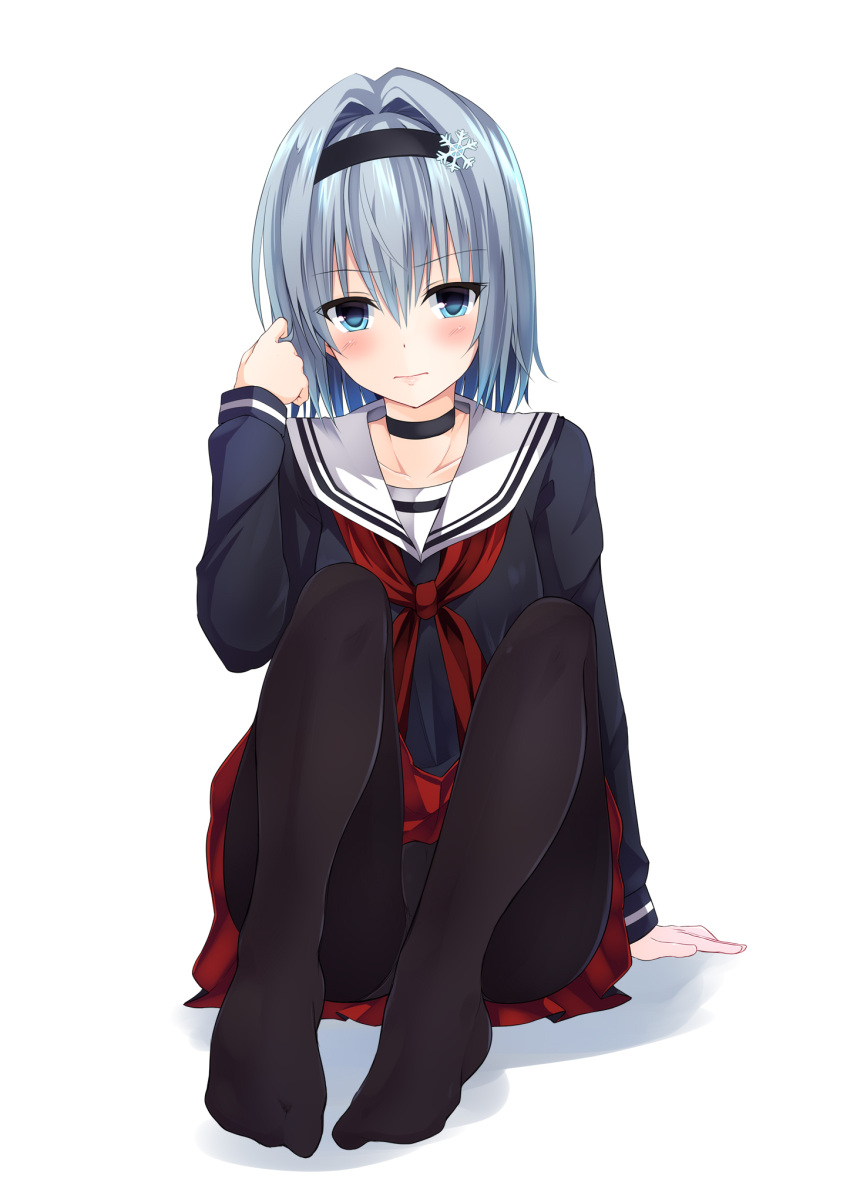 1girl, arm_at_side, black_choker, black_hairband, black_legwear, black_shirt, blue_eyes, blue_hair
