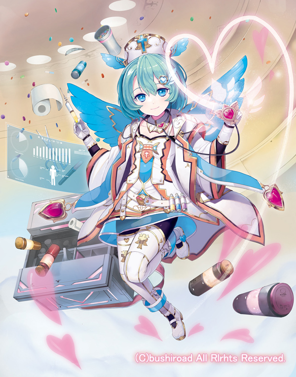 1girl, aqua_hair, blue_eyes, boots, cardfight!!_vanguard, company_name, feathered_wings, gloves
