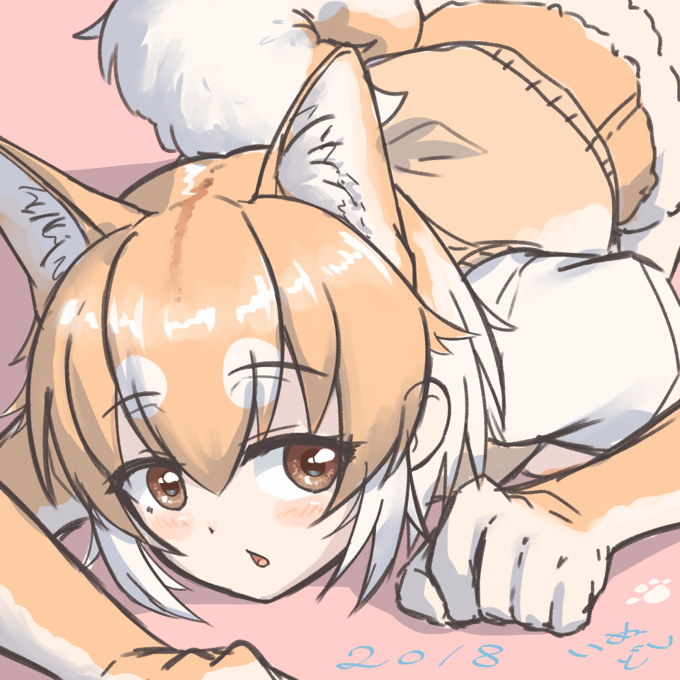 1girl, akatsuki_no_akatsuki, animal_ears, dog_(kemono_friends), dog_ears, dog_tail, eyebrows_visible_through_hair, fur_trim