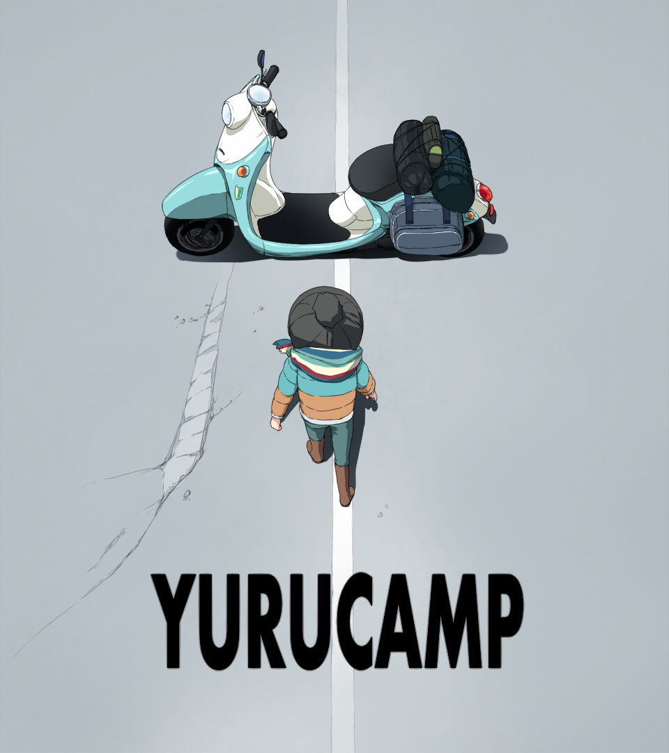 1girl, akira, asterisk_(artist), blue_hair, jacket, long_hair, moped, parody, scarf, shima_rin, solo, yurucamp