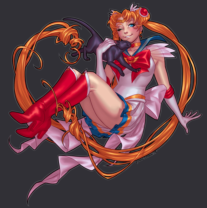 1girl, bishoujo_senshi_sailor_moon, blonde_hair, blue_eyes, boots, bow, bowtie, cat