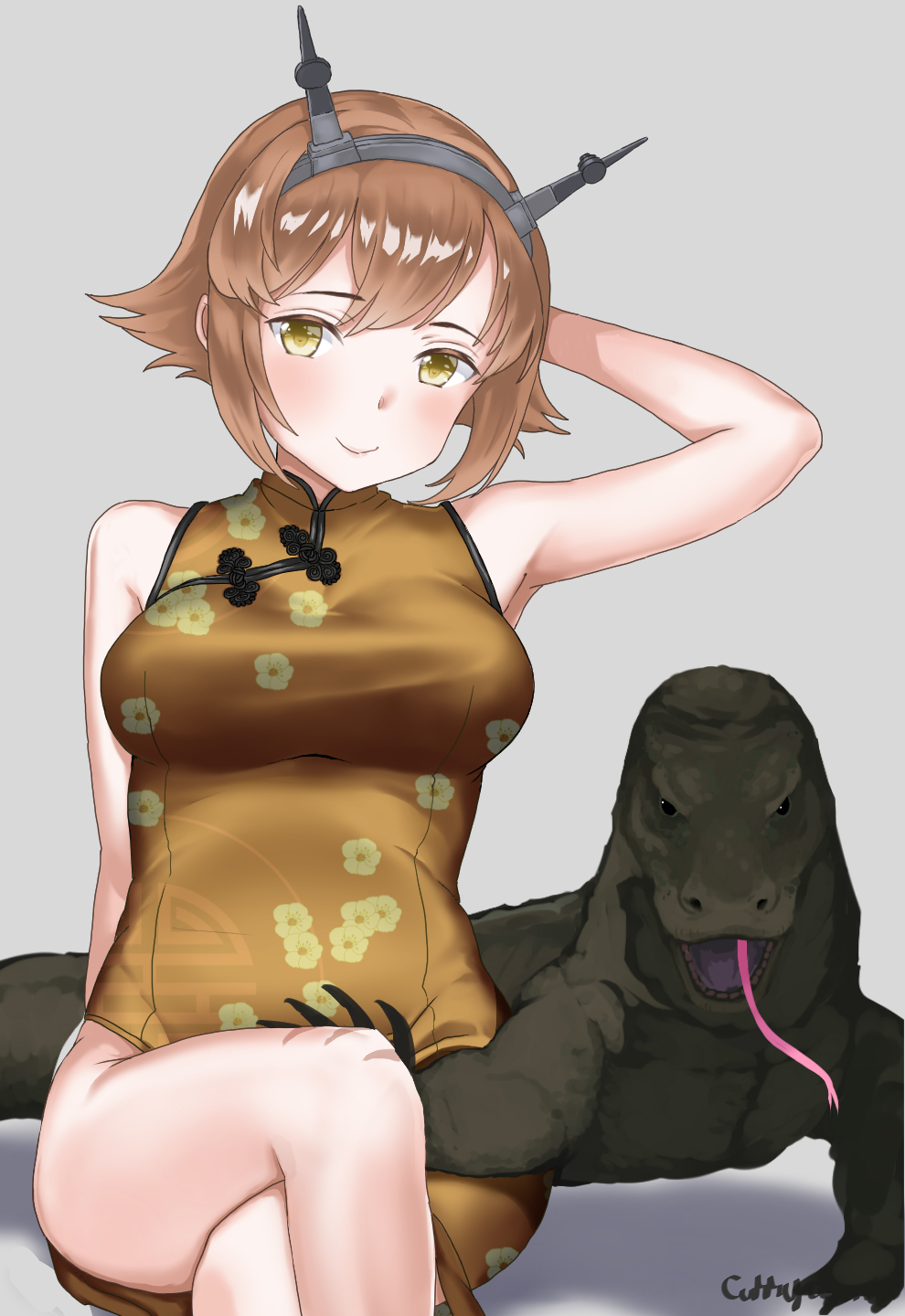1girl, artist_name, brown_hair, china_dress, chinese_clothes, cowboy_shot, curry_soba, dress