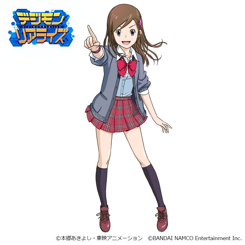 1girl, bandai, black_legwear, blue_eyes, bow, bowtie, brown_footwear, brown_hair, commentary_request, company_name, digimon, digimon_rearise, grey_jacket, hair_ornament, hairclip, jacket, kneehighs, logo, long_hair, nakatsuru_katsuyoshi, official_art, open_clothes, open_jacket, open_mouth, pink_hairclip, plaid, plaid_skirt, pleated_skirt, pointing, purple_wristband, red_neckwear, red_skirt, school_uniform, shirt, shoes, simple_background, skirt, smile, solo, watermark, white_background, white_shirt, wristband