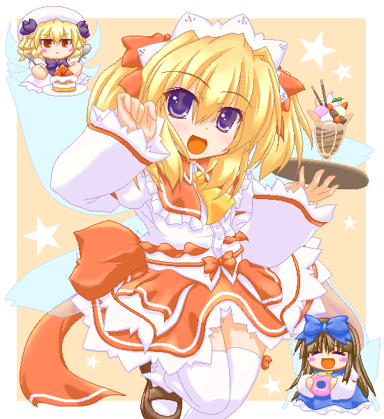 blue_eyes, brown_hair, food, hair_ribbon, hairband, hat, luna_child, marimo_(artist)