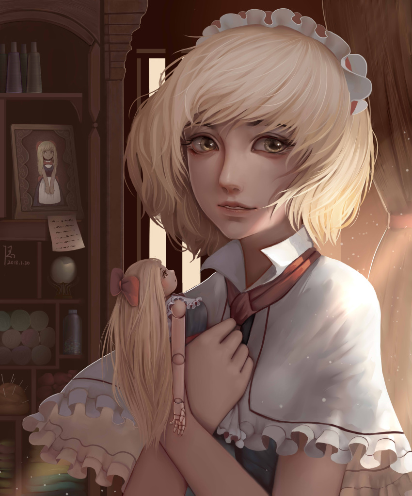 1girl, absurdres, alice_margatroid, backlighting, blonde_hair, bow, capelet, commentary_request