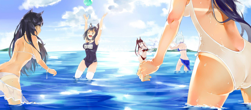 5girls, akagi_(azur_lane), animal_ears, arms_up, ass, atago_(azur_lane), azur_lane, ball
