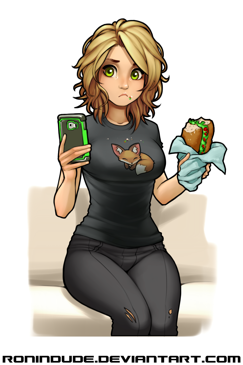 1girl, blonde_hair, breasts, casual, cellphone, commentary, denim, food, food_on_face, green_eyes, highres, jeans, medium_breasts, medium_hair, messy_hair, pants, phone, real_life, real_life_insert, ronindude, sandwiched, shirt, sitting, solo, t-shirt, torn_clothes, torn_jeans, using_phone