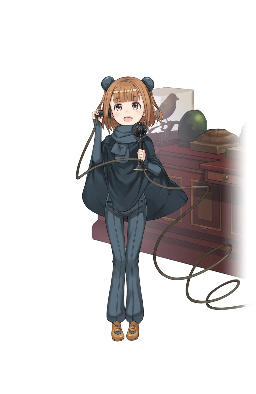 1girl, :d, antique_telephone, bangs, beatrice_(princess_principal), black_cape, blunt_bangs, brown_eyes, brown_footwear, brown_hair, bun_cover, cape, desk, double_bun, full_body, highres, looking_at_viewer, official_art, open_mouth, phone, princess_principal, princess_principal_game_of_mission, short_hair, smile, solo, standing, transparent_background