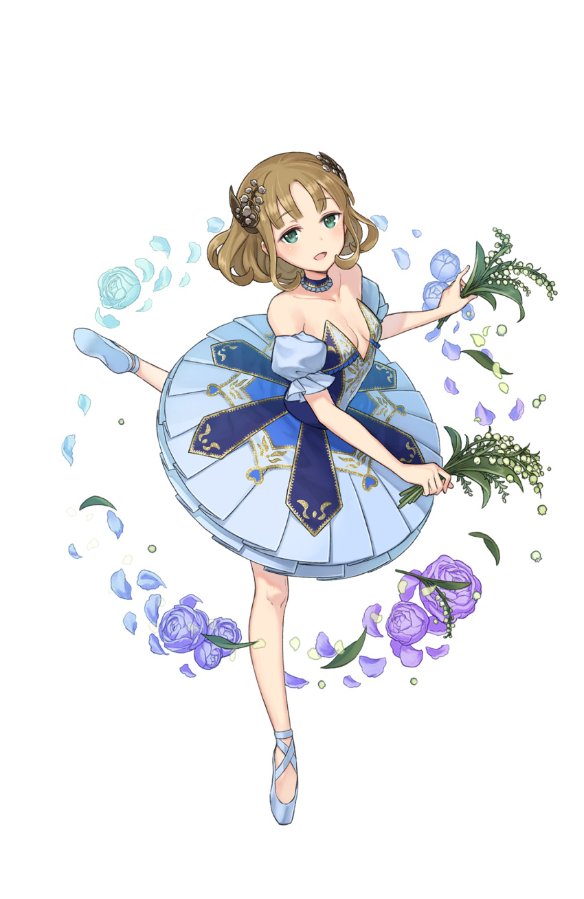 1girl, :d, ballet_slippers, bare_shoulders, blue_flowers, blue_skirt, brown_hair, detached_sleeves