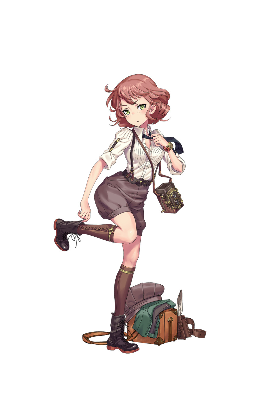 1girl, belt, black_footwear, black_neckwear, boots, brown_hat, brown_legwear, camera