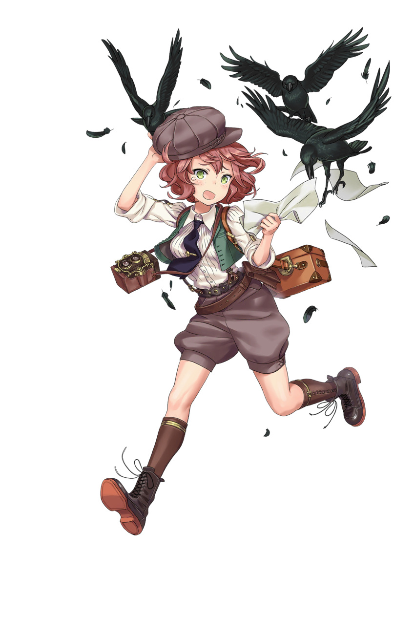 1girl, :o, belt, belt_pouch, bird, black_footwear, black_neckwear, boots