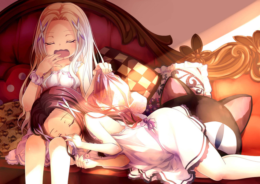 2girls, 54hao, bangs, bare_arms, bare_shoulders, black_hair, bow, cat_pillow