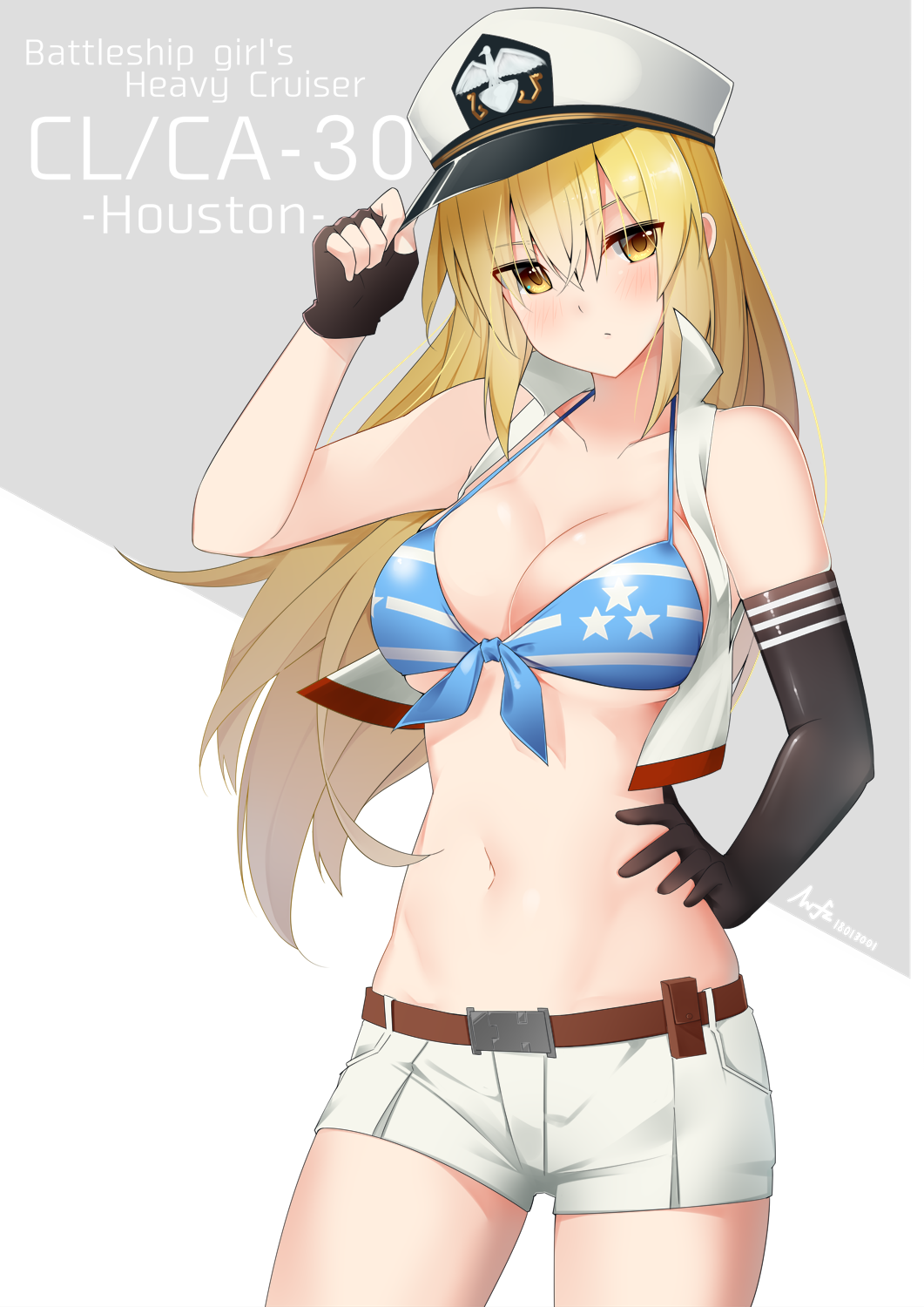 1girl, asymmetrical_gloves, black_gloves, blonde_hair, blue_bikini_top, breasts, character_name, elbow_gloves, fingerless_gloves, gloves, hat, highres, houston_(zhan_jian_shao_nyu), medium_breasts, murasame_antisk, navel, open_clothes, open_vest, peaked_cap, remodel_(zhan_jian_shao_nyu), shorts, solo, standing, star, star_print, upper_body, vest, white_hat, white_shorts, white_vest, zhan_jian_shao_nyu