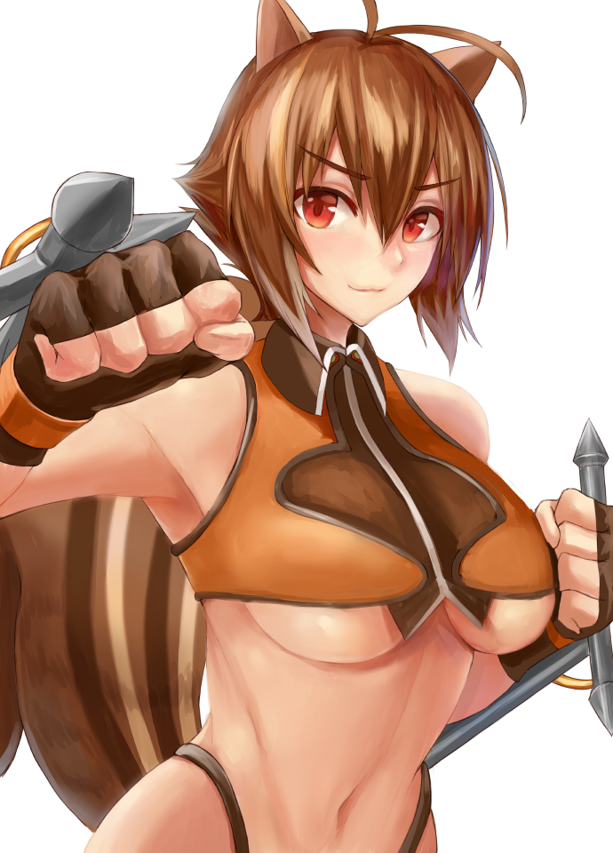 1girl, animal_ears, antenna_hair, black_panties, blazblue, breasts, brown_hair, clenched_hands, crop_top, dual_wielding, eyebrows_visible_through_hair, fingerless_gloves, gloves, highleg, highleg_panties, kaeru_(meriruou), large_breasts, looking_at_viewer, makoto_nanaya, multicolored_hair, navel, no_pants, orange_eyes, panties, revealing_clothes, short_hair, solo, squirrel_ears, squirrel_tail, tail, tonfa, two-tone_hair, under_boob, underwear, upper_body, weapon, white_background