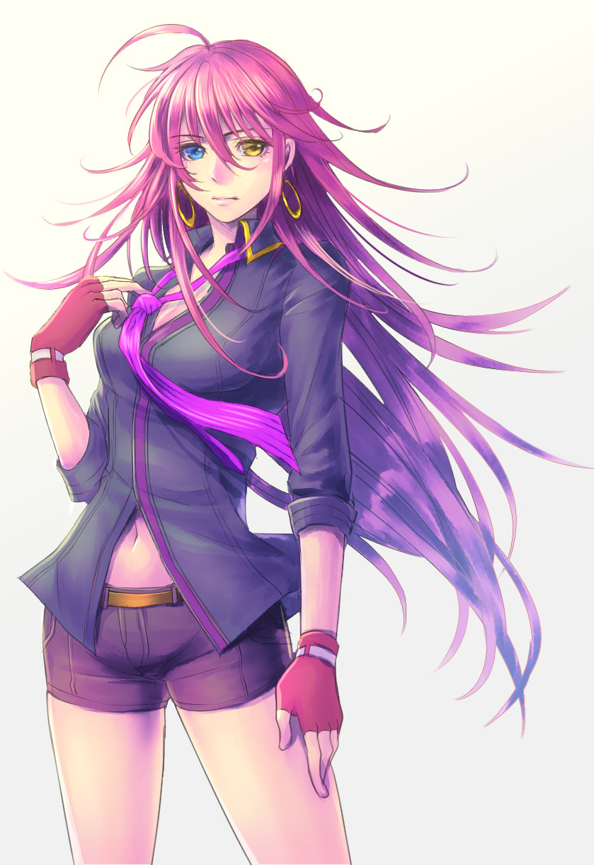 1girl, ahoge, blue_eyes, breasts, cleavage, divine_gate, earrings, fingerless_gloves