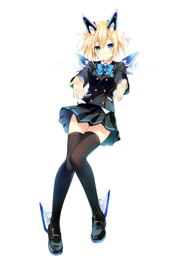 1girl, ange_vierge, bangs, black_legwear, blazer, blonde_hair, blue_eyes, blush, bow, bowtie, code_omega_77_stella, eyebrows_visible_through_hair, full_body, green_eyes, hair_ornament, heterochromia, jacket, long_sleeves, looking_at_viewer, official_art, outstretched_arms, pleated_skirt, school_uniform, shoes, short_hair, simple_background, skirt, smile, solo, thigh-highs, tsunako, white_background, zettai_ryouiki