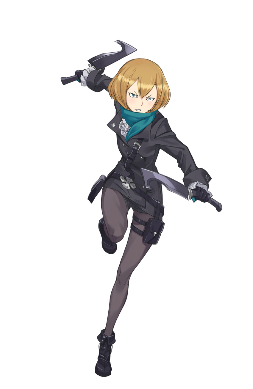 1girl, aqua_scarf, belt, black_footwear, black_jacket, blonde_hair, blue_eyes, dual_wielding