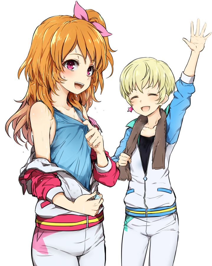 2girls, :d, ^_^, aikatsu!, arm_up, blonde_hair, brown_hair, closed_eyes