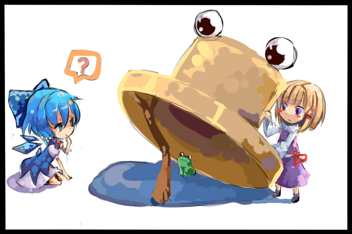 chibi, cirno, drop_trap, frog, hat, light_kiseki, lure, moriya_suwako