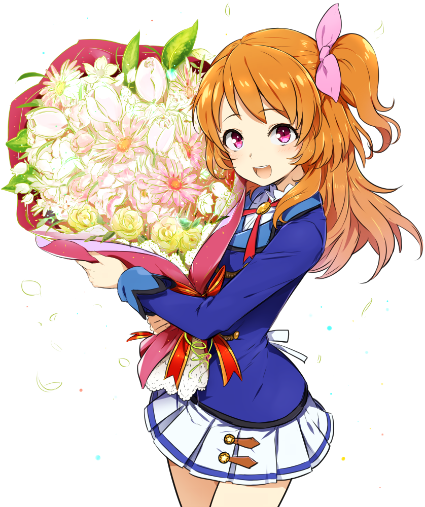 1girl, :d, aikatsu!, blush, bouquet, brown_hair, commentary, flower