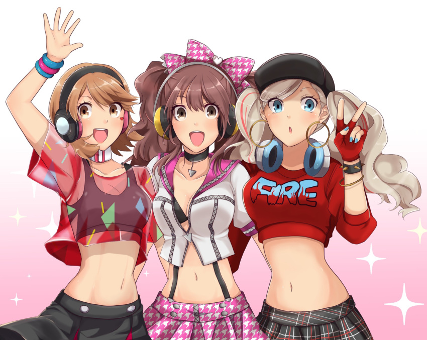 3girls, alternate_costume, arm_around_waist, belt_collar, blue_eyes, bracelet, brown_eyes, brown_hair, citrus_love_i, clothes_writing, crop_top, fingerless_gloves, gloves, hat, headphones, headphones_around_neck, highres, jewelry, kujikawa_rise, looking_at_viewer, midriff, multiple_girls, navel, persona, persona_3, persona_3:_dancing_moon_night, persona_4, persona_4:_dancing_all_night, persona_5, persona_5:_dancing_star_night, persona_dancing, red_gloves, see-through, shoulder-to-shoulder, simple_background, smile, spiked_bracelet, spikes, sports_bra, stomach, suspenders, takamaki_anne, takeba_yukari, upper_body