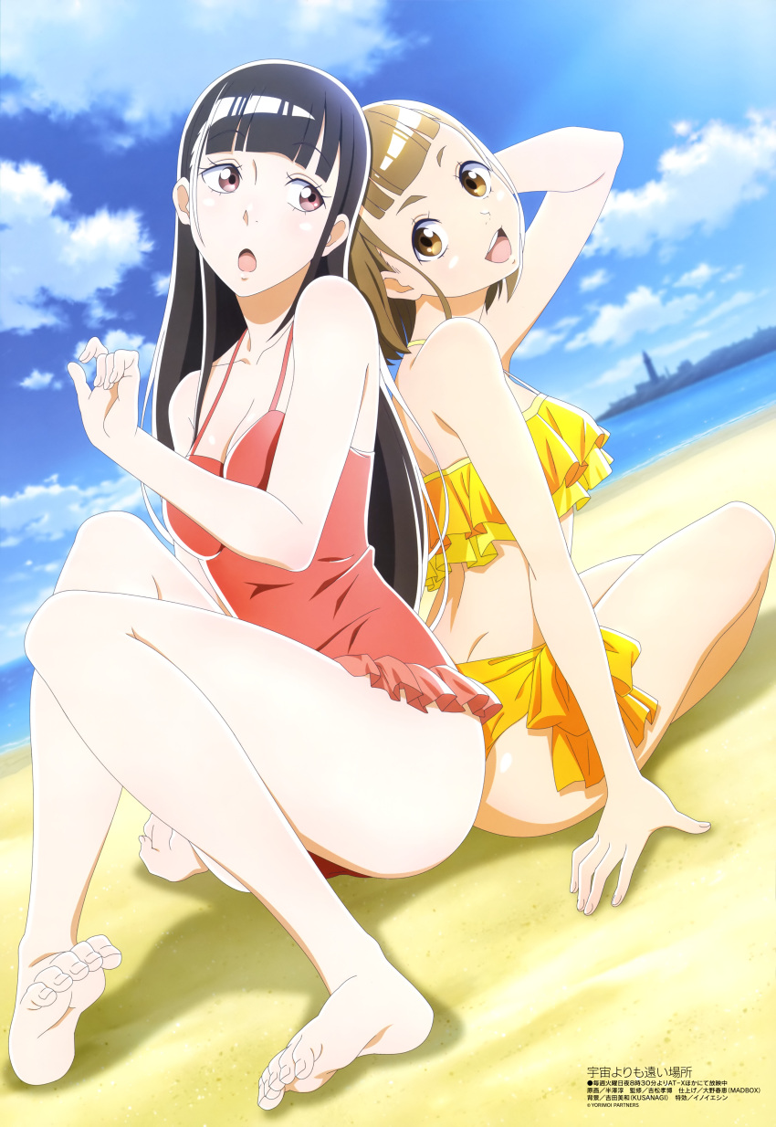 2girls, :o, absurdres, back-to-back, bare_shoulders, beach, bikini, black_hair