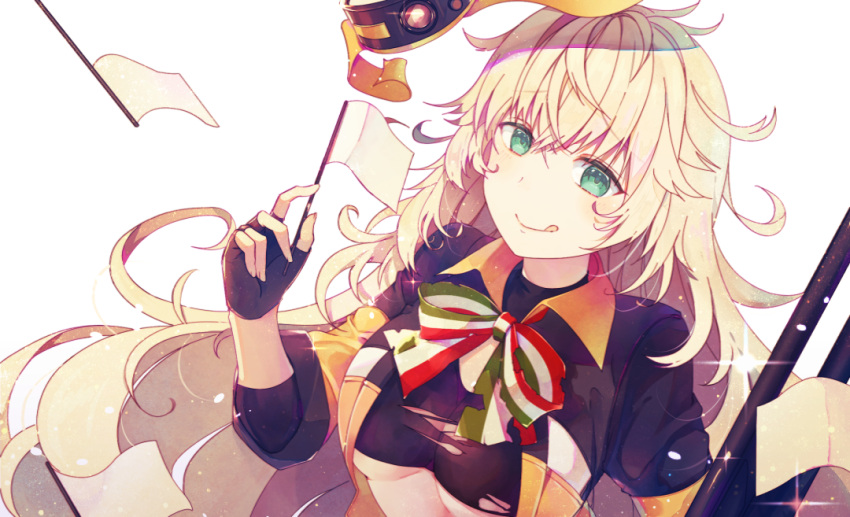 1girl, :q, bangs, black_gloves, blonde_hair, blush, breasts, closed_mouth