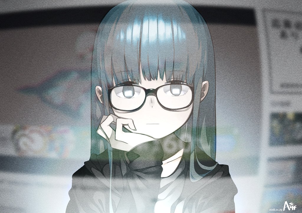 1girl, bangs, black_eyes, black_hair, blunt_bangs, chin_rest, expressionless, glasses