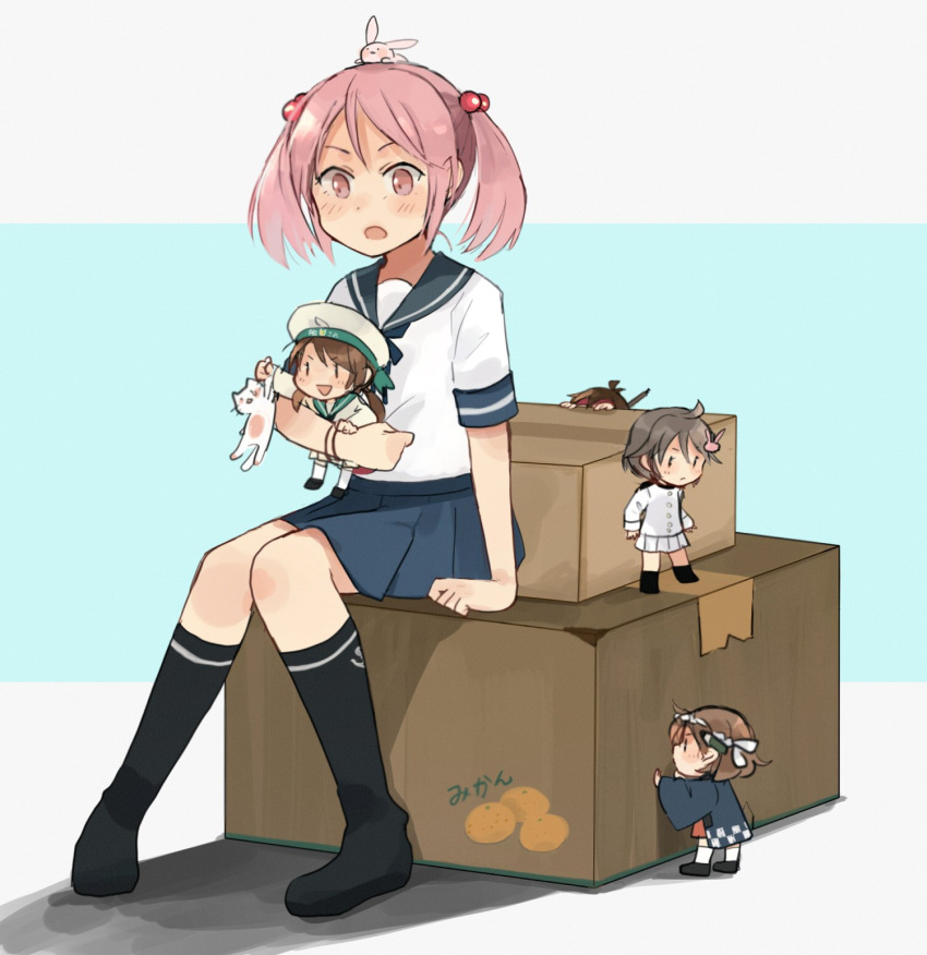 5girls, :d, animal, annin_musou, batsubyou, black_legwear, blue_sailor_collar, blue_skirt