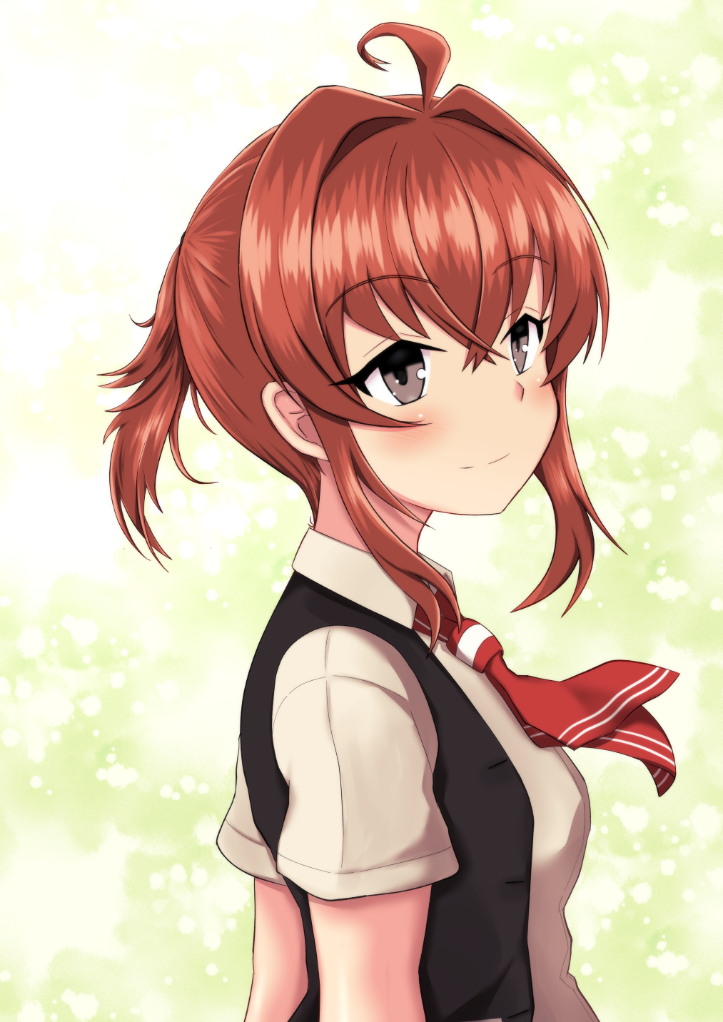 1girl, ahoge, arashi_(kantai_collection), backlighting, black_vest, blush, brown_eyes, closed_mouth