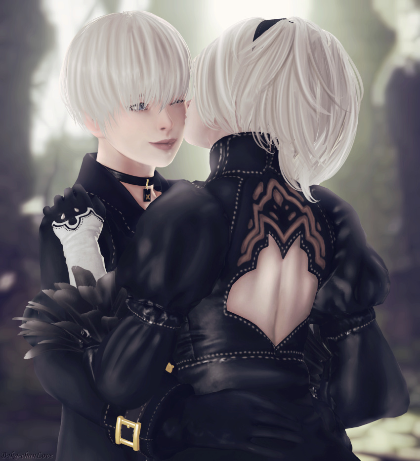 1boy, 1girl, back_cutout, baka-chanlove, black_dress, black_gloves, cheek_kiss, collar, dress, elbow_gloves, feather-trimmed_sleeves, gloves, hairband, hands_on_hips, highres, juliet_sleeves, kiss, long_sleeves, looking_at_another, nier_(series), nier_automata, one_eye_closed, puffy_sleeves, short_hair, standing, white_hair, yorha_no._2_type_b, yorha_no._9_type_s