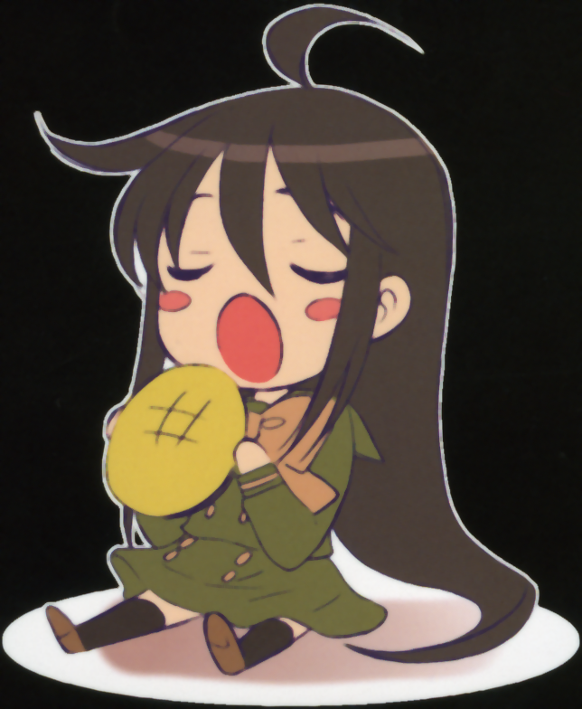 bread, chibi, closed_eyes, eating, food, long_hair, melon_bread, meronpan