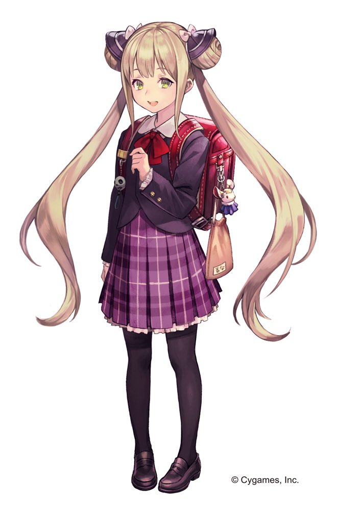 1girl, :d, backpack, bag, bangs, black_blazer, black_footwear, black_legwear, blazer, blonde_hair, blush, bow, bowtie, bun_cover, commentary_request, crime_prevention_buzzer, double_bun, eyebrows_visible_through_hair, full_body, green_eyes, jacket, loafers, long_hair, long_sleeves, looking_at_viewer, luna_(shadowverse), mayoko_(sisqo_5003), open_mouth, pantyhose, plaid, plaid_skirt, pleated_skirt, purple_skirt, randoseru, red_neckwear, shadowverse, shoes, side_bun, simple_background, skirt, smile, solo, standing, twintails, upper_teeth, very_long_hair, white_background