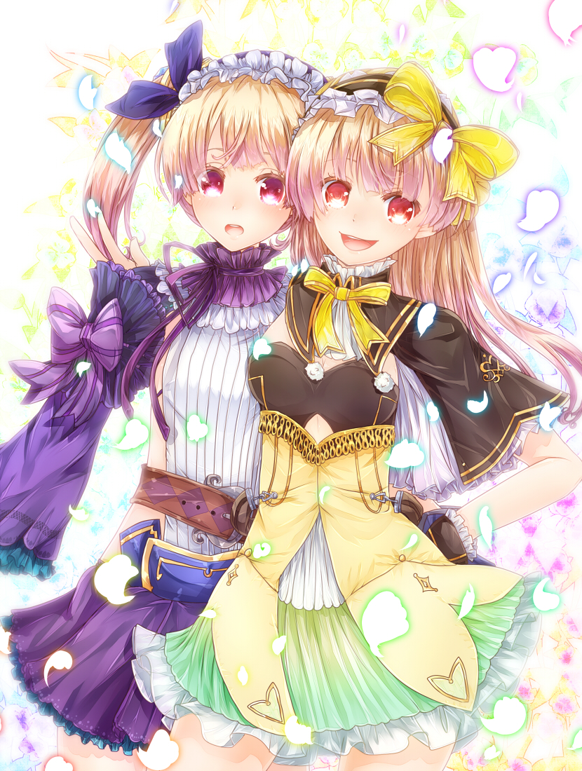 2girls, :d, atelier_(series), atelier_lydie_&amp;_suelle, belt, black_capelet, bow, capelet