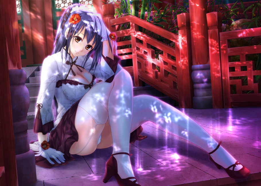1girl, arm_at_side, arm_support, bamboo, bent_knees, breasts, brown_skirt, camellia