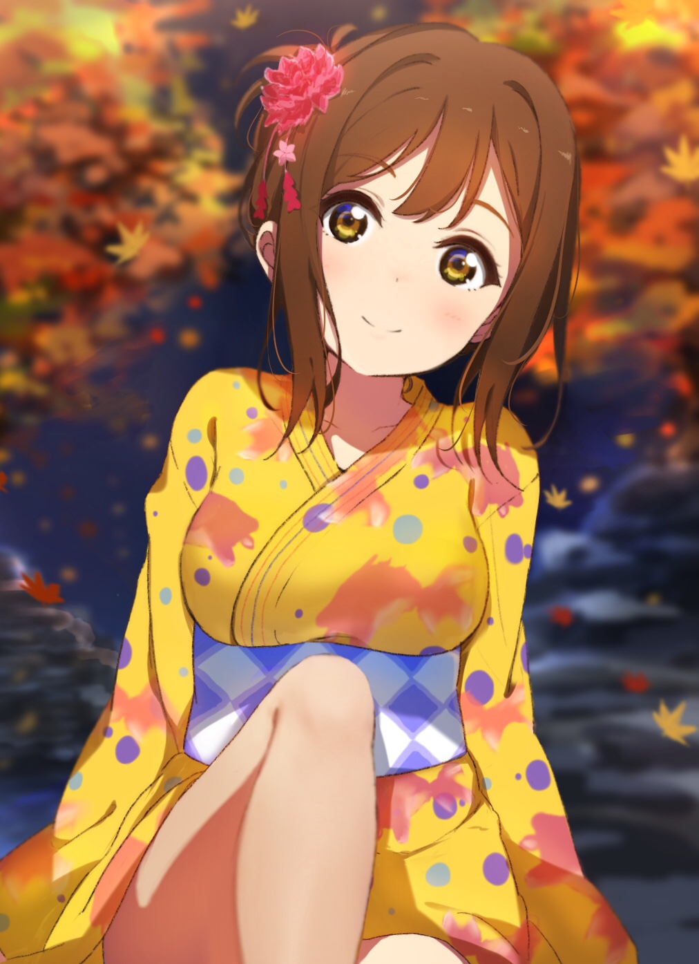 1girl, animal_print, autumn_leaves, bangs, bare_legs, blurry, blurry_background, brown_hair