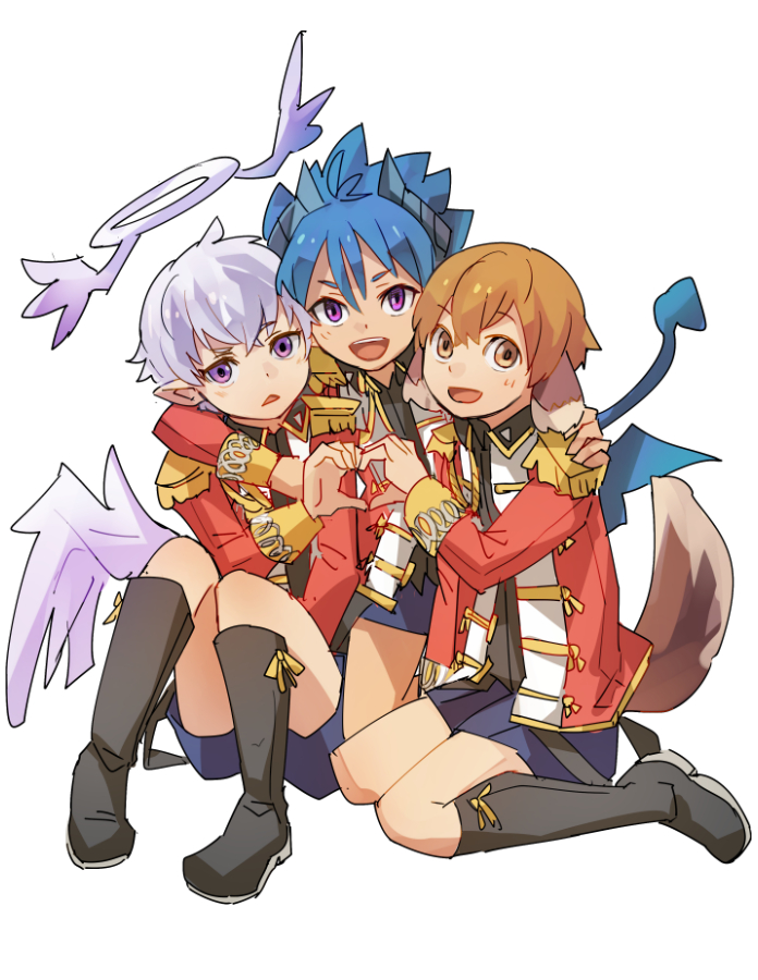 3boys, angel, angel_wings, animal_ears, blue_hair, blush, boots, brown_hair