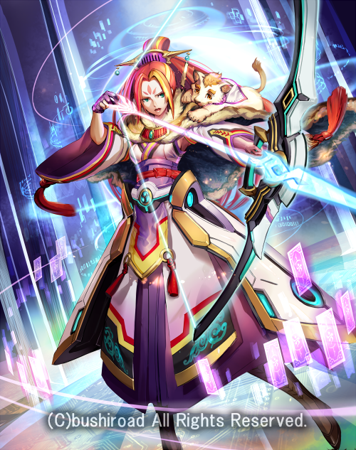 1girl, arrow, blonde_hair, bow_(weapon), card, cardfight!!_vanguard, company_name, facial_mark