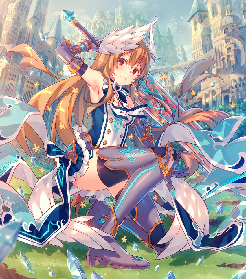 1girl, arm_up, blonde_hair, bow, breasts, building, chloe_(dare_ga_tame_no_alchemist), cleavage, closed_mouth, commission, craytm, dare_ga_tame_no_alchemist, elbow_gloves, gauntlets, gloves, greaves, head_wings, highres, long_hair, looking_at_viewer, medium_breasts, outdoors, red_eyes, solo, sword, thigh-highs, weapon