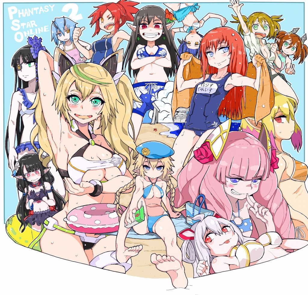 armpits, black_hair, breasts, brown_hair, character_request, cleavage, commentary_request, evil_smile