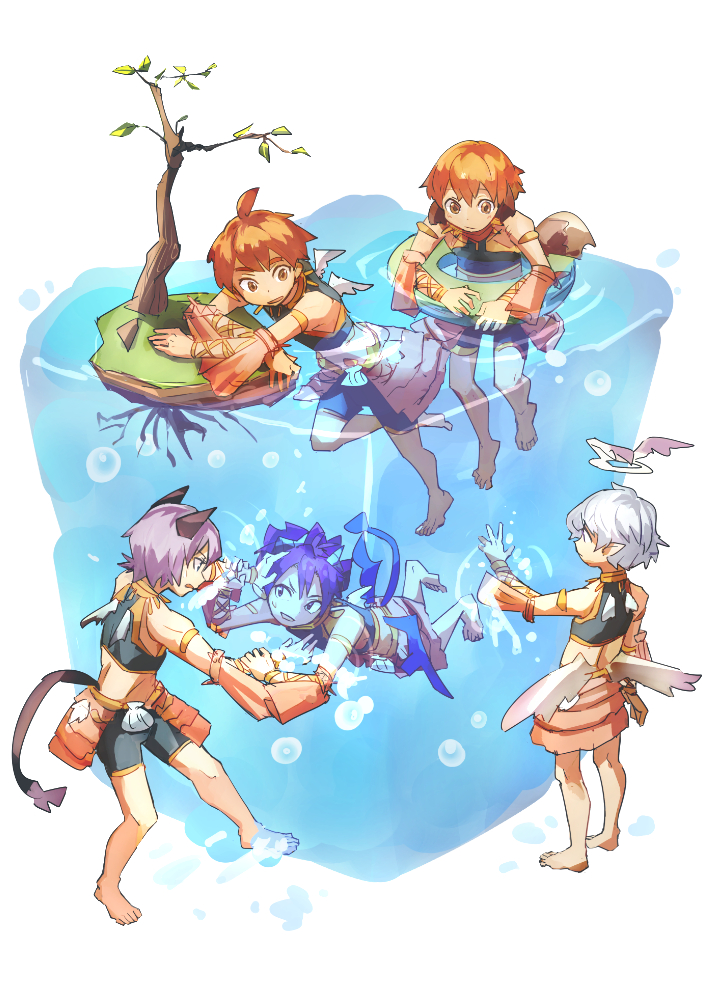 5boys, angel, animal_ears, barefoot, blue_eyes, blue_hair, blush, brown_eyes