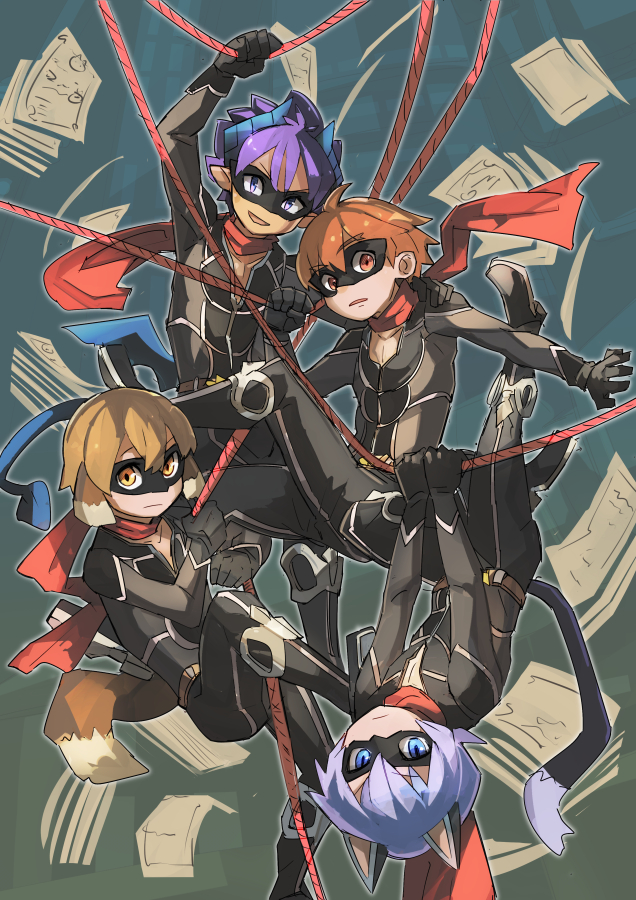 4boys, animal_ears, blue_hair, blush, brown_eyes, brown_hair, cat_ears, cat_tail