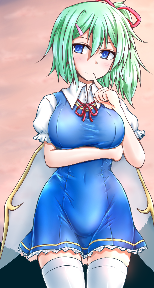 1girl, bangs, blue_dress, blue_eyes, blush, breast_hold, breasts, closed_mouth, collared_shirt, covered_navel, cowboy_shot, daiyousei, dress, eyebrows_visible_through_hair, fairy_wings, finger_to_mouth, frilled_sleeves, frills, hair_ornament, hair_ribbon, hairclip, head_tilt, highres, index_finger_raised, kirino_souya, large_breasts, long_hair, looking_at_viewer, neck_ribbon, orange_sky, outdoors, pinafore_dress, puffy_short_sleeves, puffy_sleeves, red_neckwear, red_ribbon, ribbon, shirt, short_sleeves, side_ponytail, sky, smile, solo, standing, thigh-highs, thigh_gap, touhou, transparent_wings, white_legwear, white_shirt, wing_collar, wings, zettai_ryouiki